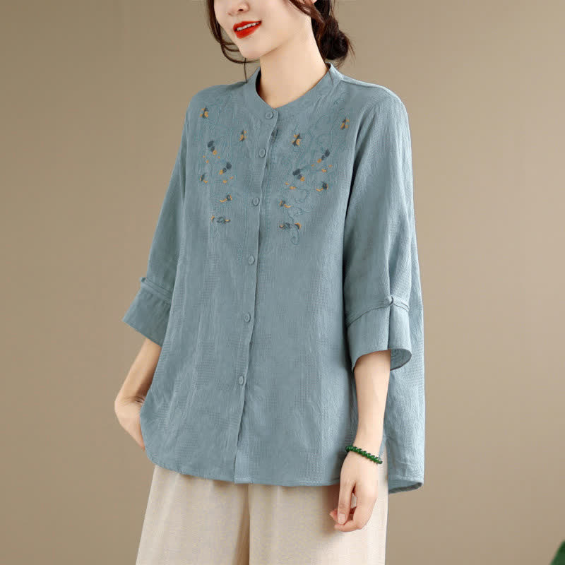 Buddha Stones Frühling/Sommer Vintage Tang Stil Stickerei Stehkragen Blumenmuster Langarmblusen für Damen mit Stickerei, Stehkragen und Blumenmuster - Hellblau - US12, UK/AU16, EU44 (3XL) - image 10