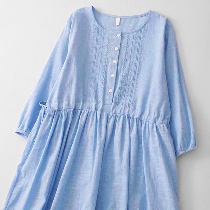 Buddha Stones Lässiges Vintage-Kleid für Damen im Frühlings- und Sommerstil mit Knopfleiste, Kordelzug, Rundhalsausschnitt und Dreiviertelärmeln. - image 2