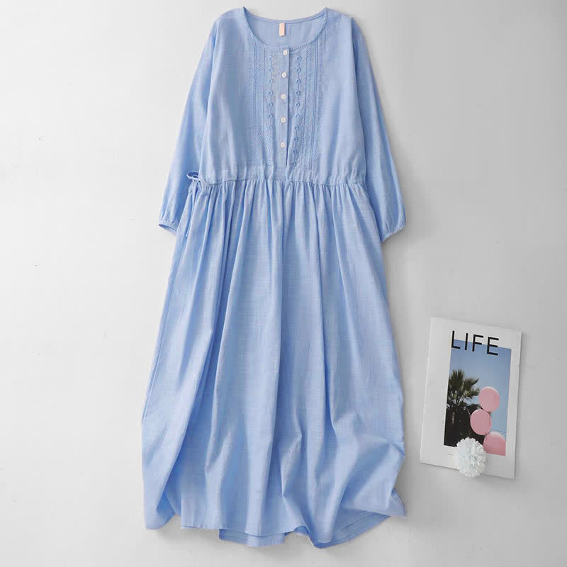 Buddha Stones Lässiges Vintage-Kleid für Damen im Frühlings- und Sommerstil mit Knopfleiste, Kordelzug, Rundhalsausschnitt und Dreiviertelärmeln. - Hellblau - US12, UK/AU16, EU44 (2XL) - image 1