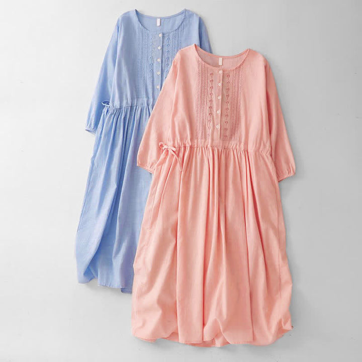 Buddha Stones Lässiges Vintage-Kleid für Damen im Frühlings- und Sommerstil mit Knopfleiste, Kordelzug, Rundhalsausschnitt und Dreiviertelärmeln. - image 0