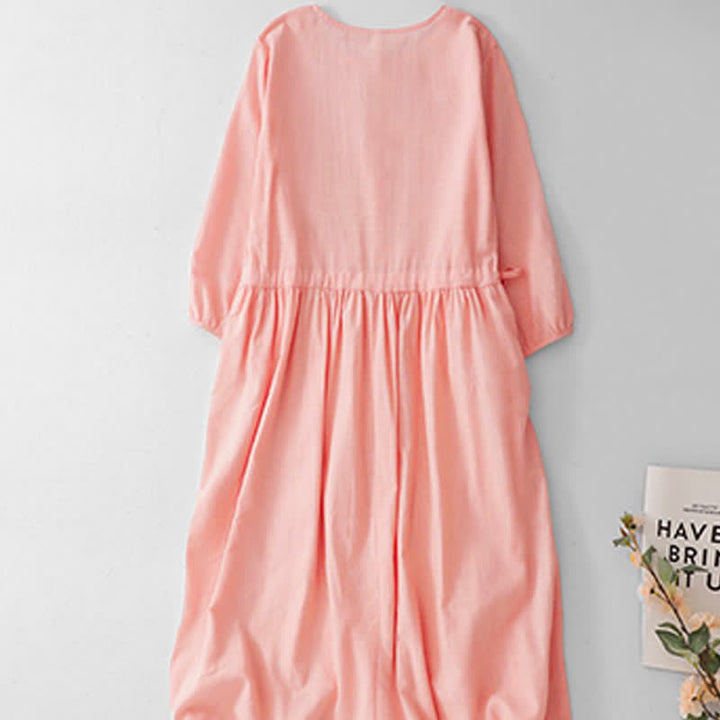 Buddha Stones Lässiges Vintage-Kleid für Damen im Frühlings- und Sommerstil mit Knopfleiste, Kordelzug, Rundhalsausschnitt und Dreiviertelärmeln. - image 10