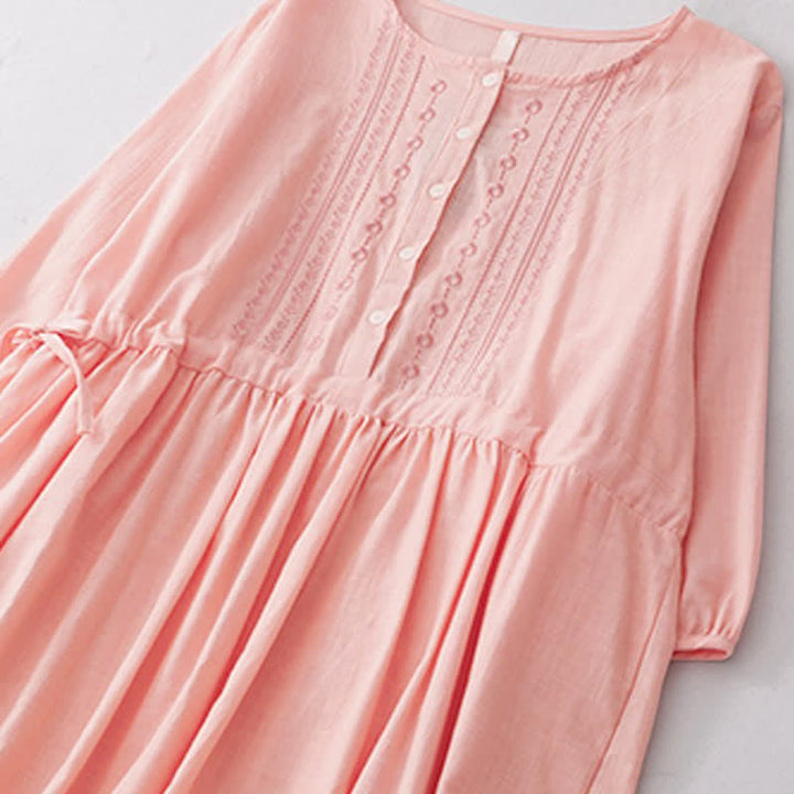 Buddha Stones Lässiges Vintage-Kleid für Damen im Frühlings- und Sommerstil mit Knopfleiste, Kordelzug, Rundhalsausschnitt und Dreiviertelärmeln. - image 11