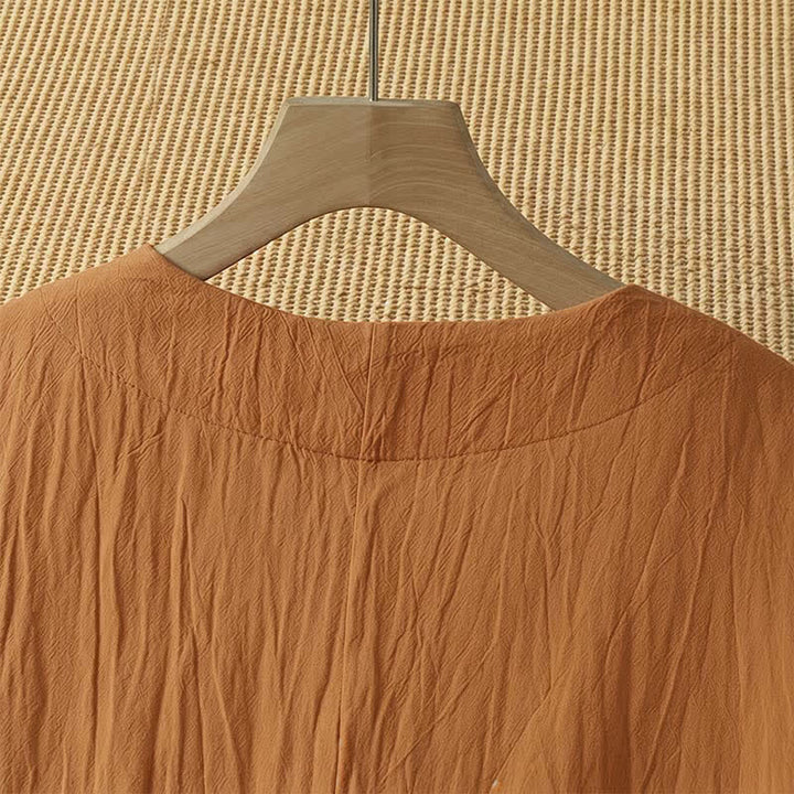 Buddha Stones Sommerliches, lässiges, minimalistisches, einfarbig orangefarbenes Kurzarmkleid für Damen mit Rundhalsausschnitt - image 3