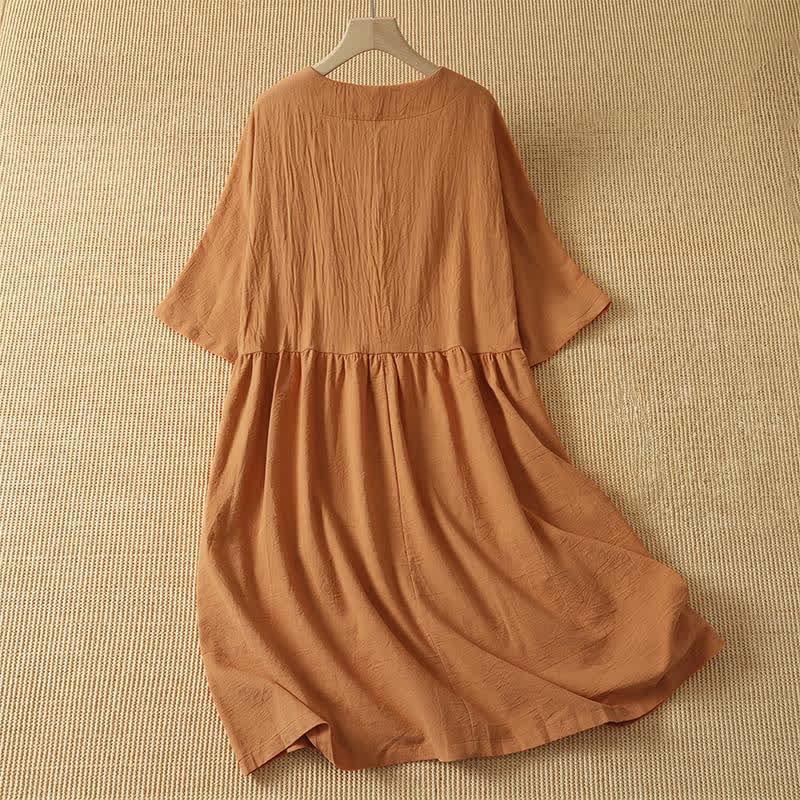 Buddha Stones Sommerliches, lässiges, minimalistisches, einfarbig orangefarbenes Kurzarmkleid für Damen mit Rundhalsausschnitt - image 1