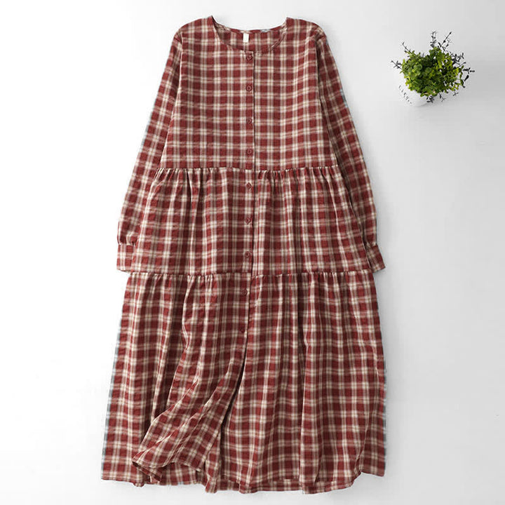 Buddha Stones Lässiges, rot-kariertes Vintage-Damenkleid mit Knopfleiste, Stufenrock, langen Ärmeln und Tasche für den Herbst. - IndianRed - US12, UK/AU16, EU44 (2XL) - image 0