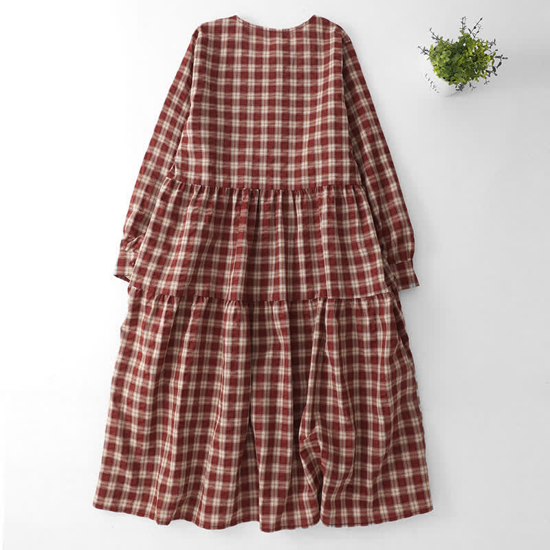 Buddha Stones Lässiges, rot-kariertes Vintage-Damenkleid mit Knopfleiste, Stufenrock, langen Ärmeln und Tasche für den Herbst. - image 1