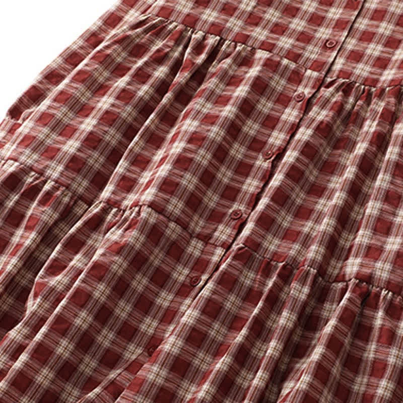 Buddha Stones Lässiges, rot-kariertes Vintage-Damenkleid mit Knopfleiste, Stufenrock, langen Ärmeln und Tasche für den Herbst. - image 6