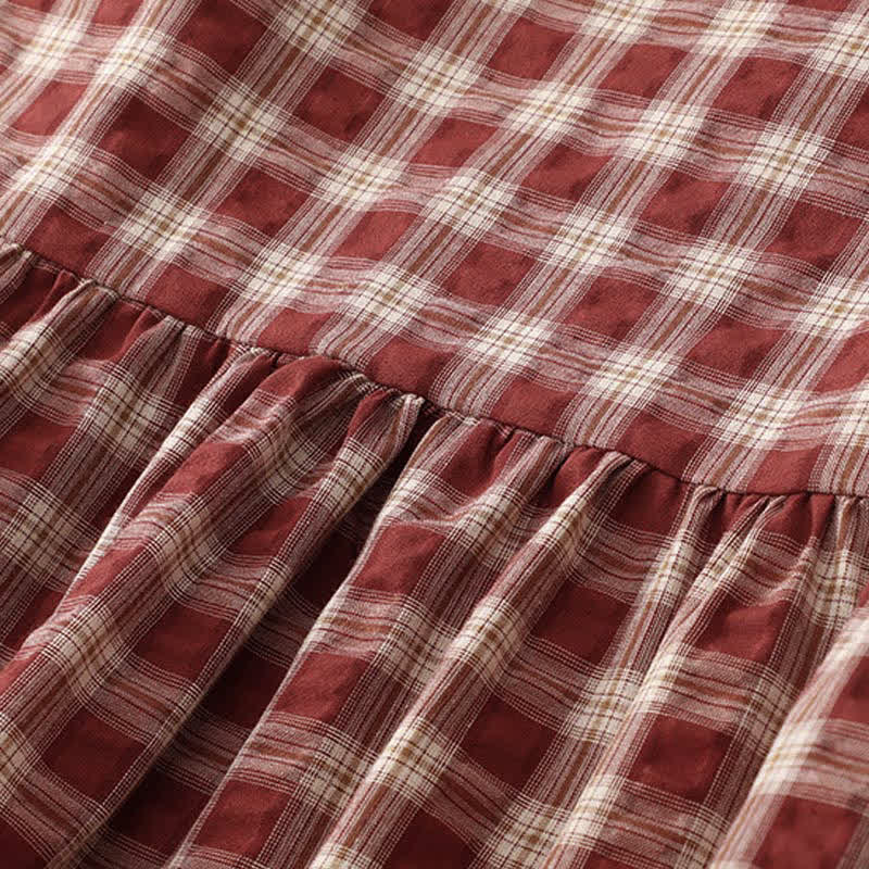 Buddha Stones Lässiges, rot-kariertes Vintage-Damenkleid mit Knopfleiste, Stufenrock, langen Ärmeln und Tasche für den Herbst. - image 5