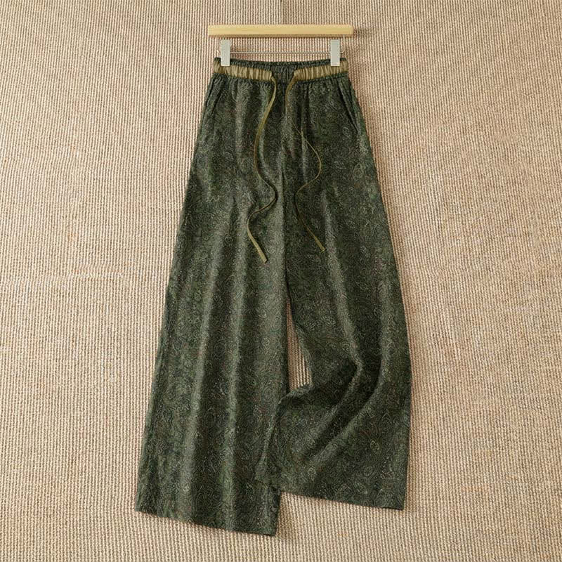 Buddha Stones Boho-Hose für Frühling und Sommer, grün, abstrakt, mit Kordelzug, weites Bein, mit Tasche - Dunkelolivgrün - US8-10, UK/AU12-14, EU40-42 (2XL) - image 0