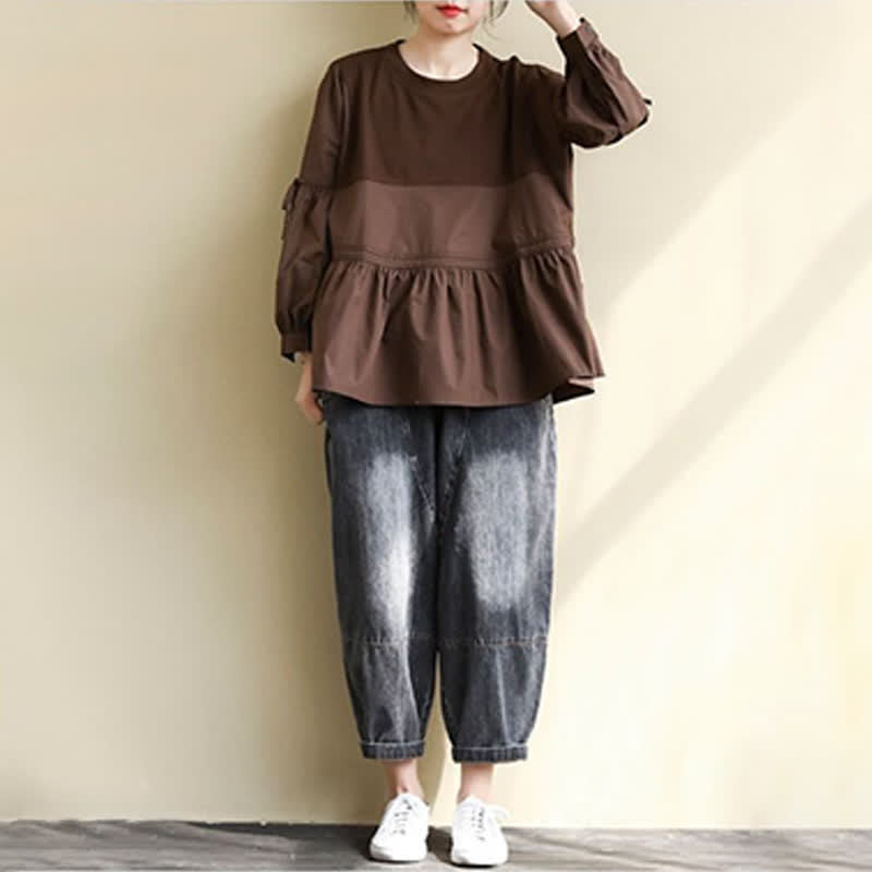 Buddha Stones Lässiges Vintage-T-Shirt für Damen, Frühling/Herbst, Rundhalsausschnitt, Schößchensaum, Kordelzug, einfarbig, langärmlig - image 13