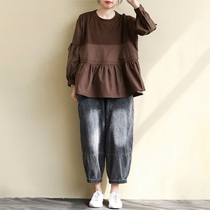 Buddha Stones Lässiges Vintage-T-Shirt für Damen, Frühling/Herbst, Rundhalsausschnitt, Schößchensaum, Kordelzug, einfarbig, langärmlig - image 13