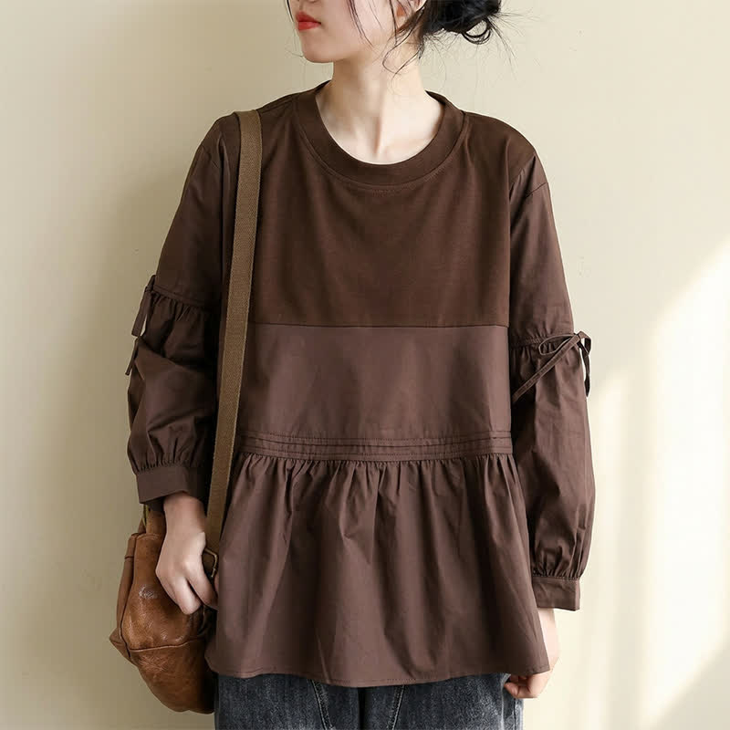 Buddha Stones Lässiges Vintage-T-Shirt für Damen, Frühling/Herbst, Rundhalsausschnitt, Schößchensaum, Kordelzug, einfarbig, langärmlig - image 1