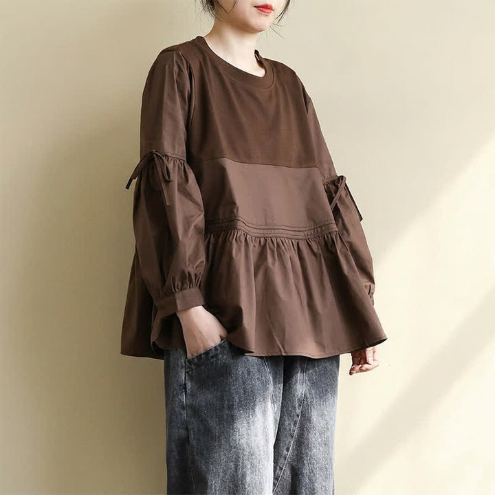 Buddha Stones Lässiges Vintage-T-Shirt für Damen, Frühling/Herbst, Rundhalsausschnitt, Schößchensaum, Kordelzug, einfarbig, langärmlig - image 12