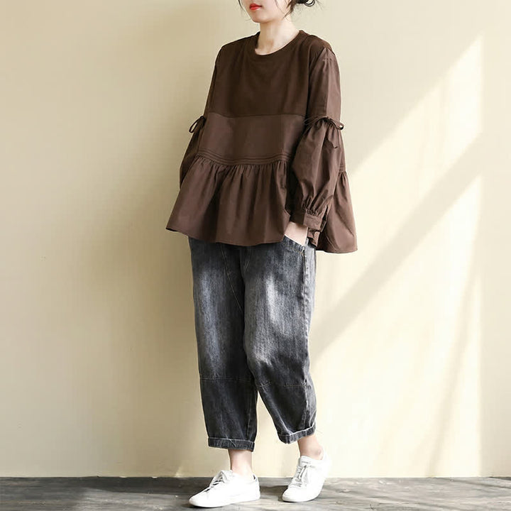 Buddha Stones Lässiges Vintage-T-Shirt für Damen, Frühling/Herbst, Rundhalsausschnitt, Schößchensaum, Kordelzug, einfarbig, langärmlig - image 15