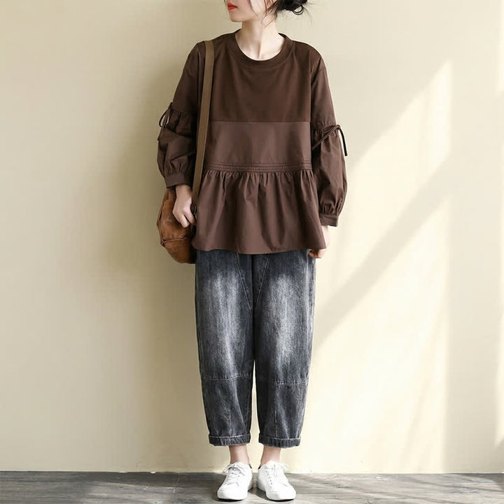 Buddha Stones Lässiges Vintage-T-Shirt für Damen, Frühling/Herbst, Rundhalsausschnitt, Schößchensaum, Kordelzug, einfarbig, langärmlig - image 14