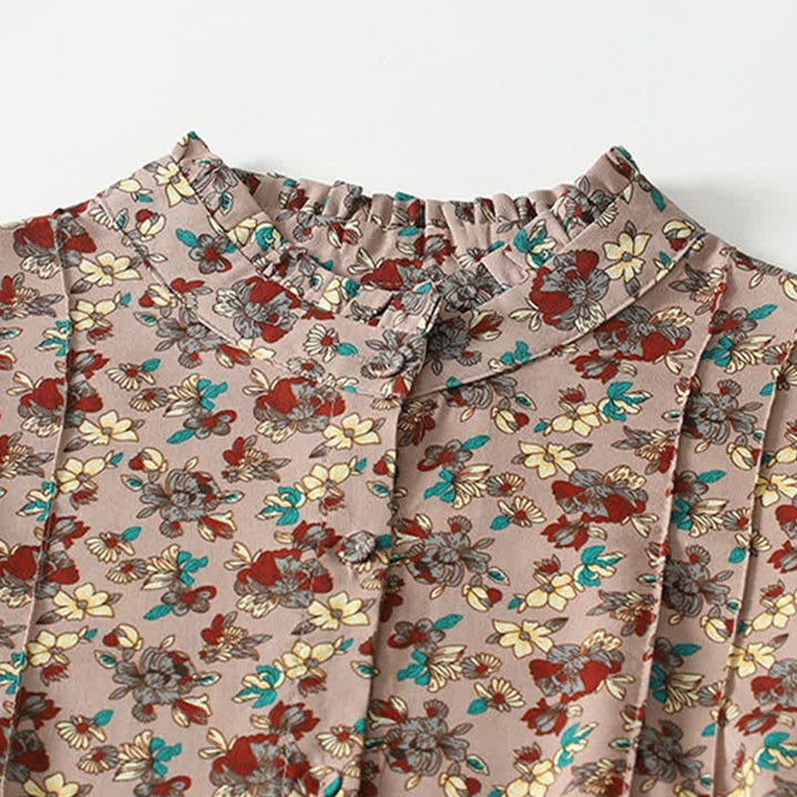 Buddha Stones Elegantes, langärmeliges Damenkleid im Vintage-Stil für Frühling und Sommer mit Knopfleiste, Blumenmuster, Taschen und Knopfleiste - image 2