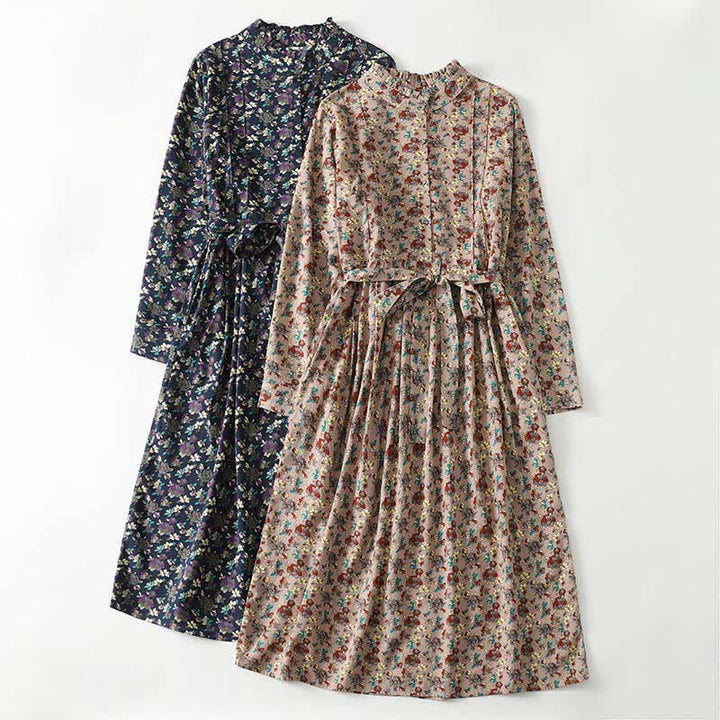 Buddha Stones Elegantes, langärmeliges Damenkleid im Vintage-Stil für Frühling und Sommer mit Knopfleiste, Blumenmuster, Taschen und Knopfleiste - image 14