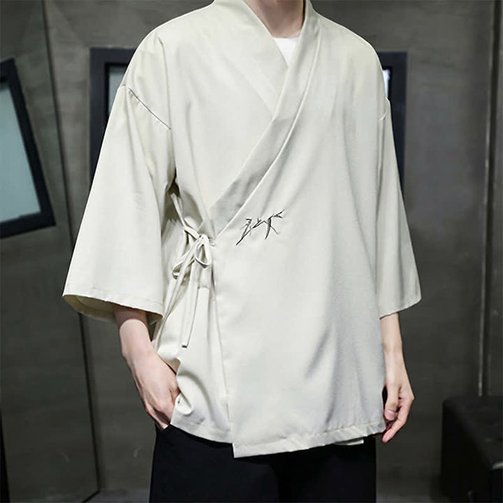 Buddha Stones Sommerlicher Tang-Stil, minimalistischer Kimono aus Bambus, einfarbig, mit Kordelzug und Dreiviertelärmeln für Herren - image 3
