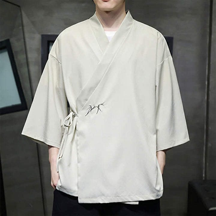 Buddha Stones Sommerlicher Tang-Stil, minimalistischer Kimono aus Bambus, einfarbig, mit Kordelzug und Dreiviertelärmeln für Herren - image 1