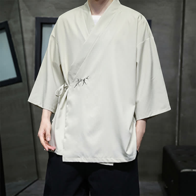 Buddha Stones Sommerlicher Tang-Stil, minimalistischer Kimono aus Bambus, einfarbig, mit Kordelzug und Dreiviertelärmeln für Herren - image 2