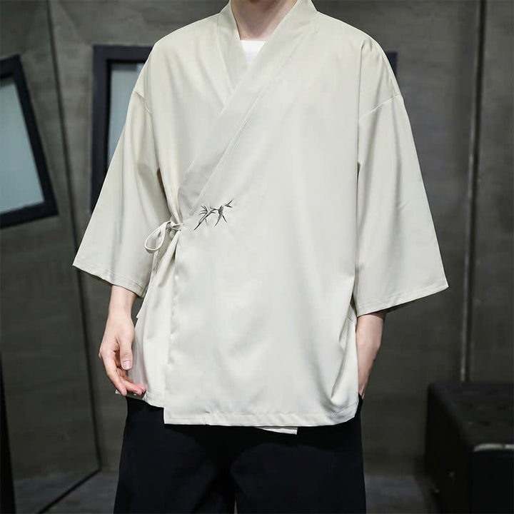 Buddha Stones Sommerlicher Tang-Stil, minimalistischer Kimono aus Bambus, einfarbig, mit Kordelzug und Dreiviertelärmeln für Herren - image 2