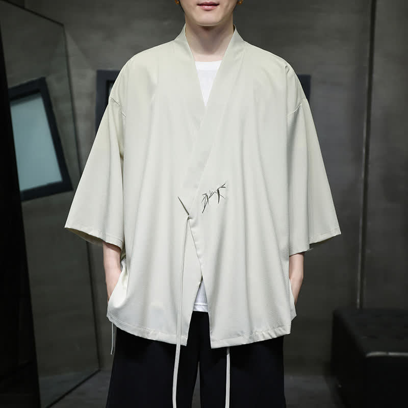 Buddha Stones Sommerlicher Tang-Stil, minimalistischer Kimono aus Bambus, einfarbig, mit Kordelzug und Dreiviertelärmeln für Herren - Beige - US/UK/AU46, EU56 (5XL) - image 0