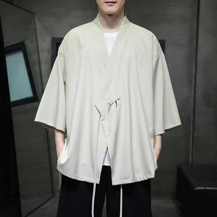 Buddha Stones Sommerlicher Tang-Stil, minimalistischer Kimono aus Bambus, einfarbig, mit Kordelzug und Dreiviertelärmeln für Herren - Beige - US/UK/AU46, EU56 (5XL) - image 0