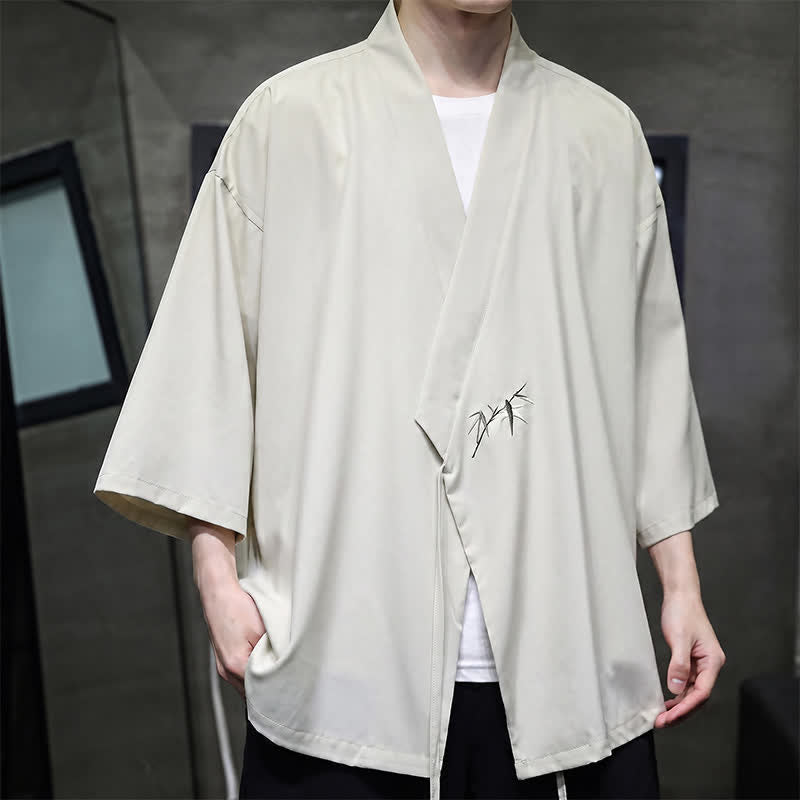 Buddha Stones Sommerlicher Tang-Stil, minimalistischer Kimono aus Bambus, einfarbig, mit Kordelzug und Dreiviertelärmeln für Herren - image 4