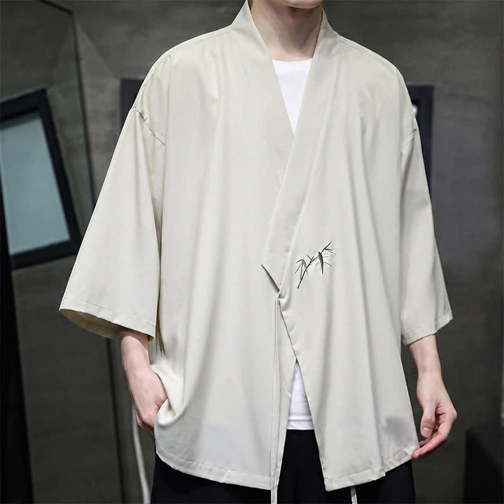 Buddha Stones Sommerlicher Tang-Stil, minimalistischer Kimono aus Bambus, einfarbig, mit Kordelzug und Dreiviertelärmeln für Herren - image 4