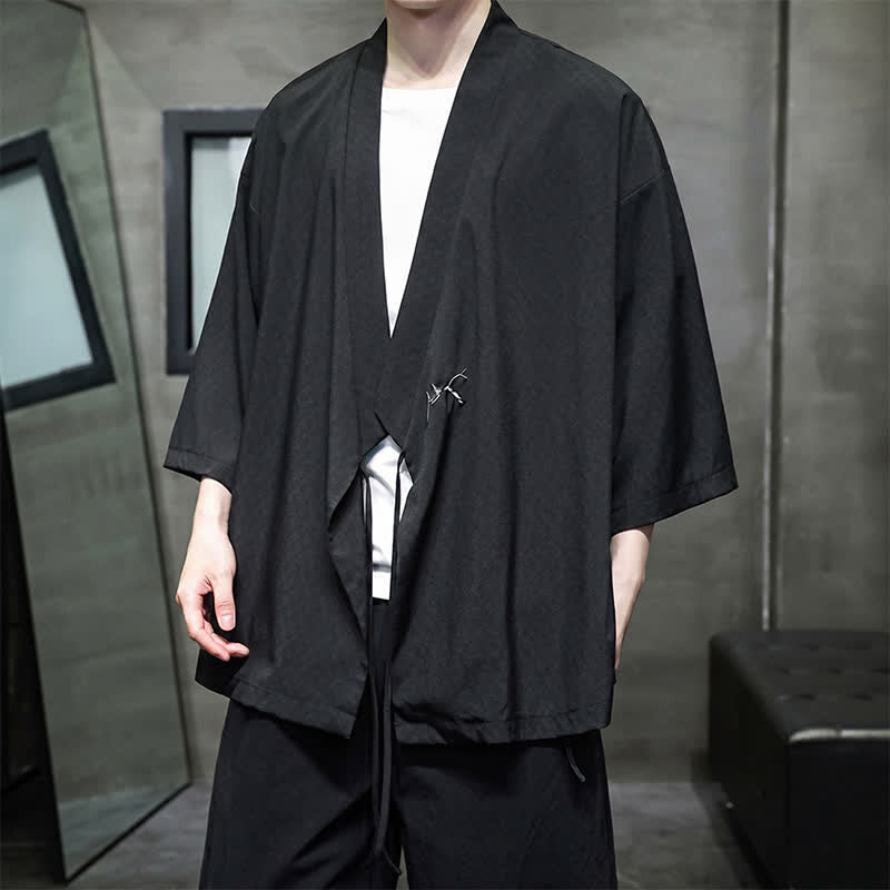 Buddha Stones Sommerlicher Tang-Stil, minimalistischer Kimono aus Bambus, einfarbig, mit Kordelzug und Dreiviertelärmeln für Herren - image 9
