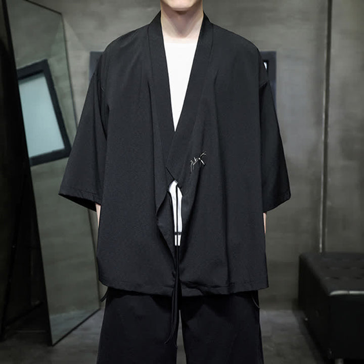 Buddha Stones Sommerlicher Tang-Stil, minimalistischer Kimono aus Bambus, einfarbig, mit Kordelzug und Dreiviertelärmeln für Herren - image 10