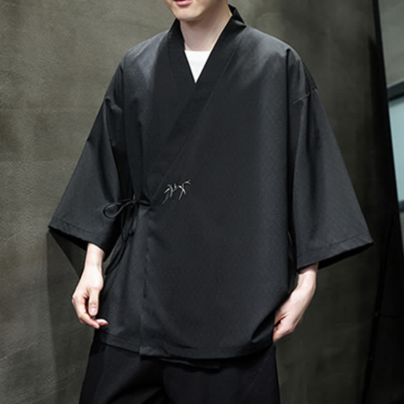 Buddha Stones Sommerlicher Tang-Stil, minimalistischer Kimono aus Bambus, einfarbig, mit Kordelzug und Dreiviertelärmeln für Herren - image 14