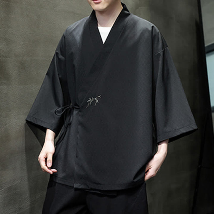 Buddha Stones Sommerlicher Tang-Stil, minimalistischer Kimono aus Bambus, einfarbig, mit Kordelzug und Dreiviertelärmeln für Herren - image 14