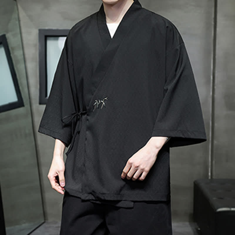 Buddha Stones Sommerlicher Tang-Stil, minimalistischer Kimono aus Bambus, einfarbig, mit Kordelzug und Dreiviertelärmeln für Herren - image 15