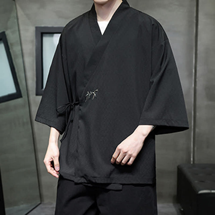 Buddha Stones Sommerlicher Tang-Stil, minimalistischer Kimono aus Bambus, einfarbig, mit Kordelzug und Dreiviertelärmeln für Herren - image 15
