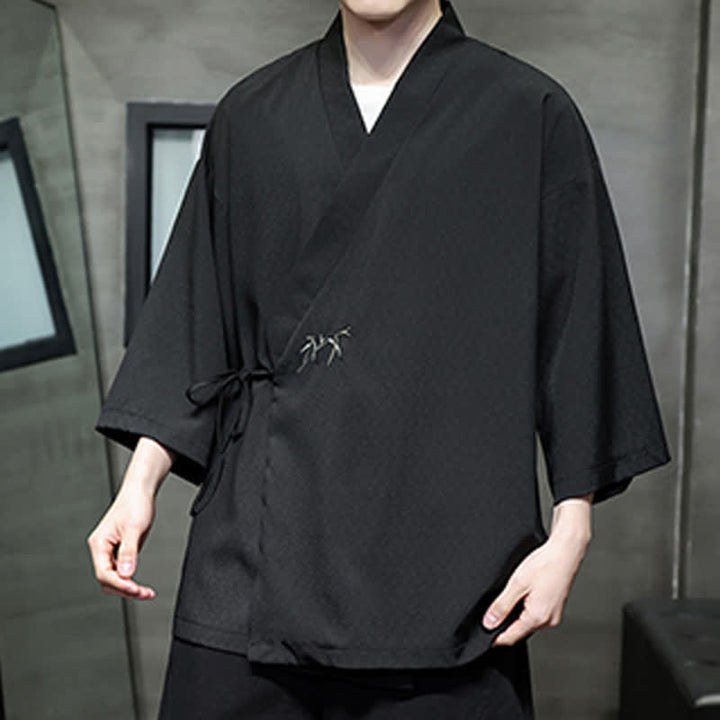Buddha Stones Sommerlicher Tang-Stil, minimalistischer Kimono aus Bambus, einfarbig, mit Kordelzug und Dreiviertelärmeln für Herren - image 17