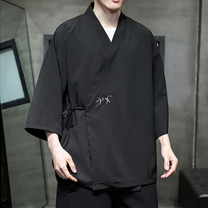 Buddha Stones Sommerlicher Tang-Stil, minimalistischer Kimono aus Bambus, einfarbig, mit Kordelzug und Dreiviertelärmeln für Herren - image 16