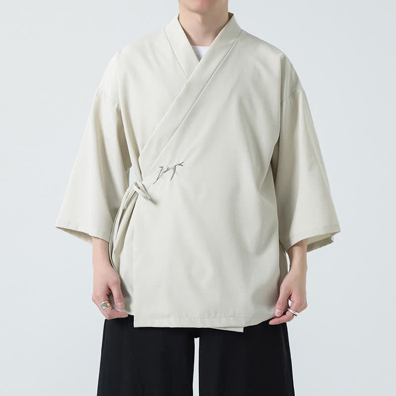 Buddha Stones Sommerlicher Tang-Stil, minimalistischer Kimono aus Bambus, einfarbig, mit Kordelzug und Dreiviertelärmeln für Herren - image 6