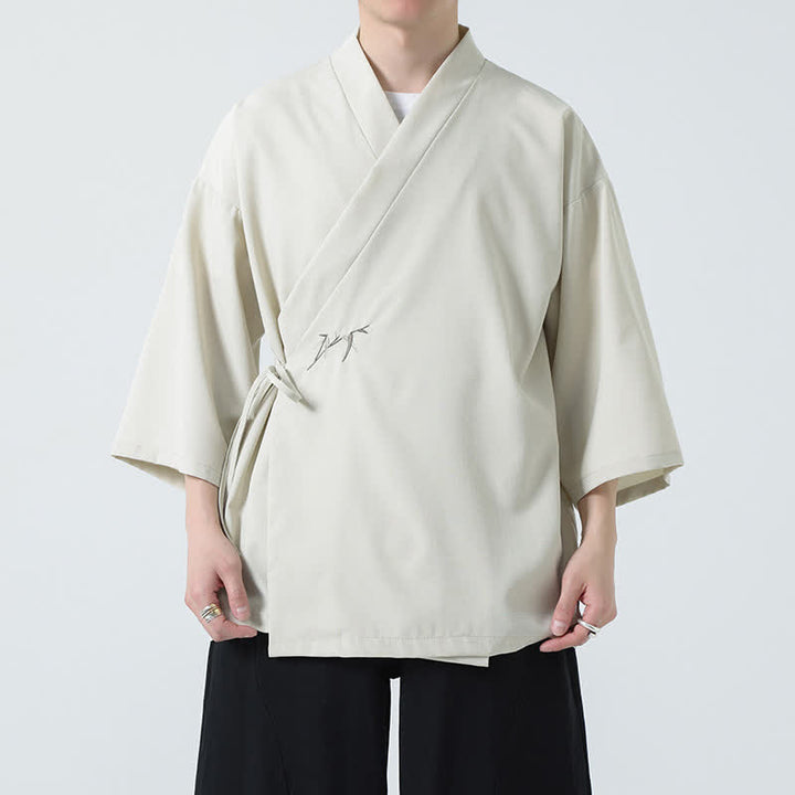 Buddha Stones Sommerlicher Tang-Stil, minimalistischer Kimono aus Bambus, einfarbig, mit Kordelzug und Dreiviertelärmeln für Herren - image 6