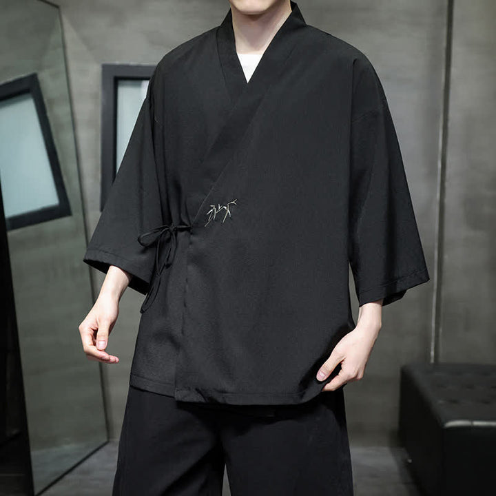 Buddha Stones Sommerlicher Tang-Stil, minimalistischer Kimono aus Bambus, einfarbig, mit Kordelzug und Dreiviertelärmeln für Herren - image 11