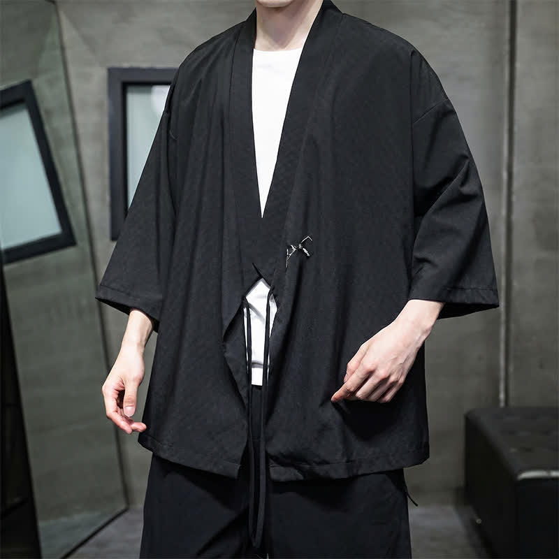 Buddha Stones Sommerlicher Tang-Stil, minimalistischer Kimono aus Bambus, einfarbig, mit Kordelzug und Dreiviertelärmeln für Herren - image 13