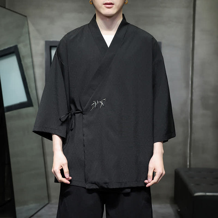 Buddha Stones Sommerlicher Tang-Stil, minimalistischer Kimono aus Bambus, einfarbig, mit Kordelzug und Dreiviertelärmeln für Herren - Schwarz - US/UK/AU46, EU56 (5XL) - image 7