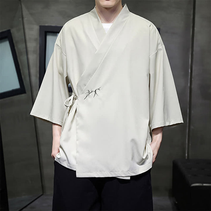 Buddha Stones Sommerlicher Tang-Stil, minimalistischer Kimono aus Bambus, einfarbig, mit Kordelzug und Dreiviertelärmeln für Herren - image 5