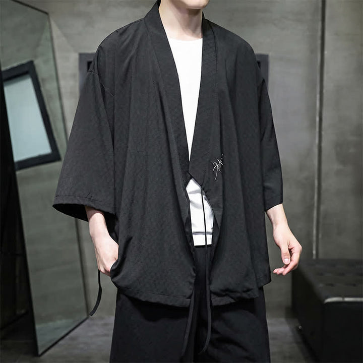 Buddha Stones Sommerlicher Tang-Stil, minimalistischer Kimono aus Bambus, einfarbig, mit Kordelzug und Dreiviertelärmeln für Herren - image 12