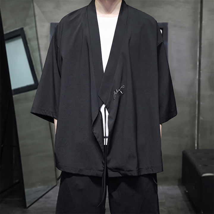 Buddha Stones Sommerlicher Tang-Stil, minimalistischer Kimono aus Bambus, einfarbig, mit Kordelzug und Dreiviertelärmeln für Herren - image 8