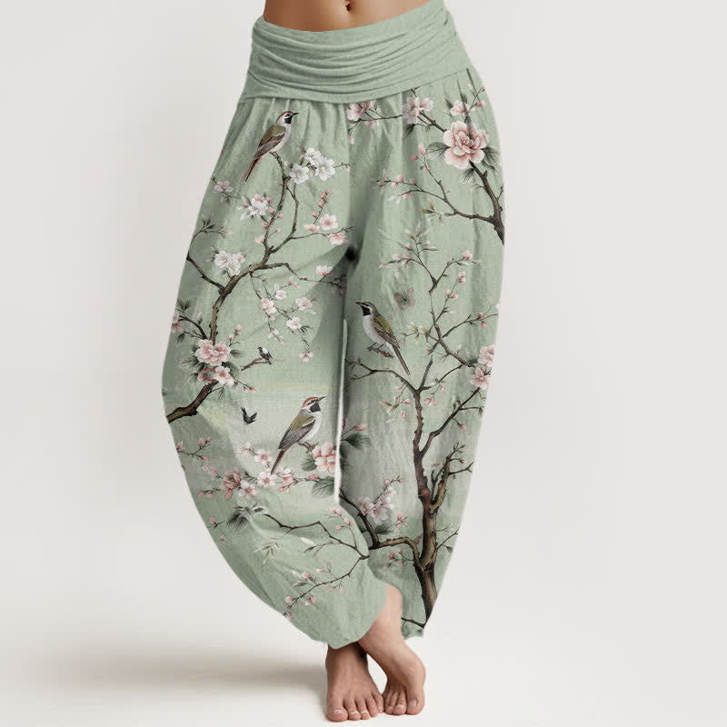 Buddha Stones Haremshose aus Baumwolle mit Kirschblüten- und Vogelmuster, elastischer Bund, Damen - Hellgrün - US16, UK/AU20, EU48 (3XL) - image 0