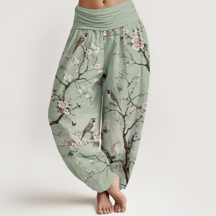Buddha Stones Haremshose aus Baumwolle mit Kirschblüten- und Vogelmuster, elastischer Bund, Damen - Hellgrün - US16, UK/AU20, EU48 (3XL) - image 0