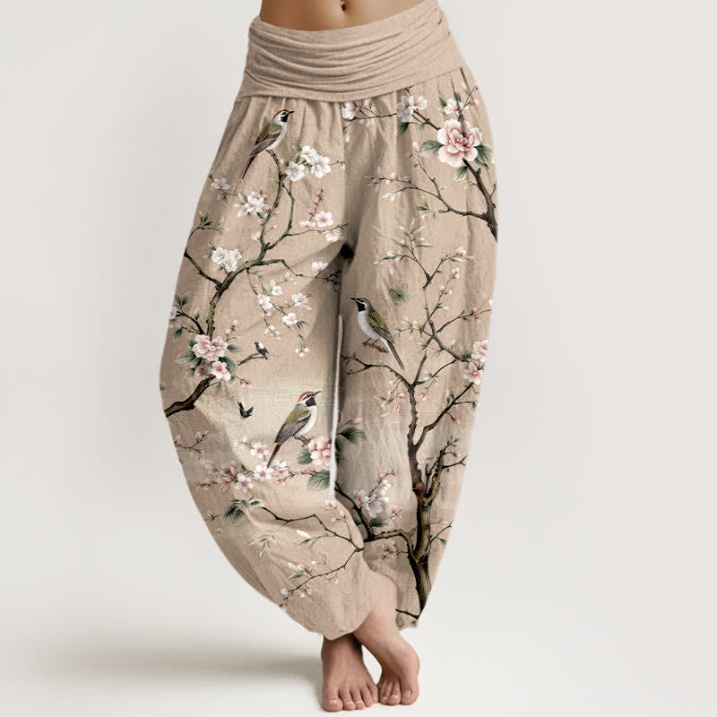 Buddha Stones Haremshose aus Baumwolle mit Kirschblüten- und Vogelmuster, elastischer Bund, Damen - BurlyWood - US16, UK/AU20, EU48 (3XL) - image 8