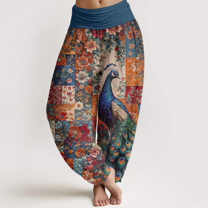 Buddha Stones Baumwoll-Haremshose mit Pfauen- und Blumenmuster, elastischem Bund und Patchwork-Design für Damen. - Türkis - US16, UK/AU20, EU48 (3XL) - image 0