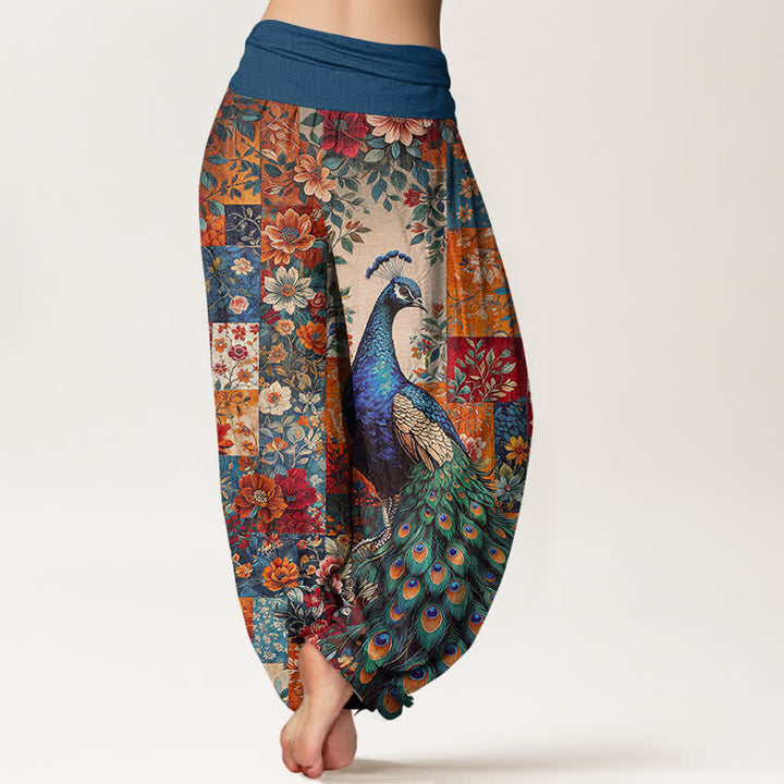 Buddha Stones Baumwoll-Haremshose mit Pfauen- und Blumenmuster, elastischem Bund und Patchwork-Design für Damen. - image 2